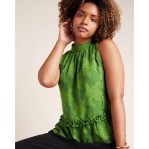 Maeve Anthropologie Green Floral Burnout Peplum Mock Neck Sleeveless Top Size 6